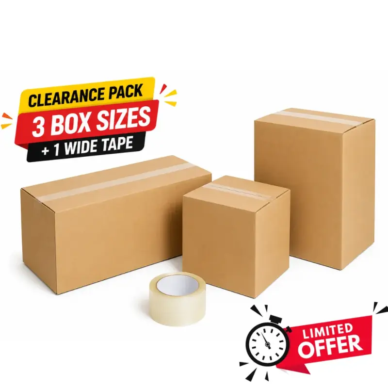 CLEARANCE PACK: 3 BOX SIZES + 1 WIDE TAPE